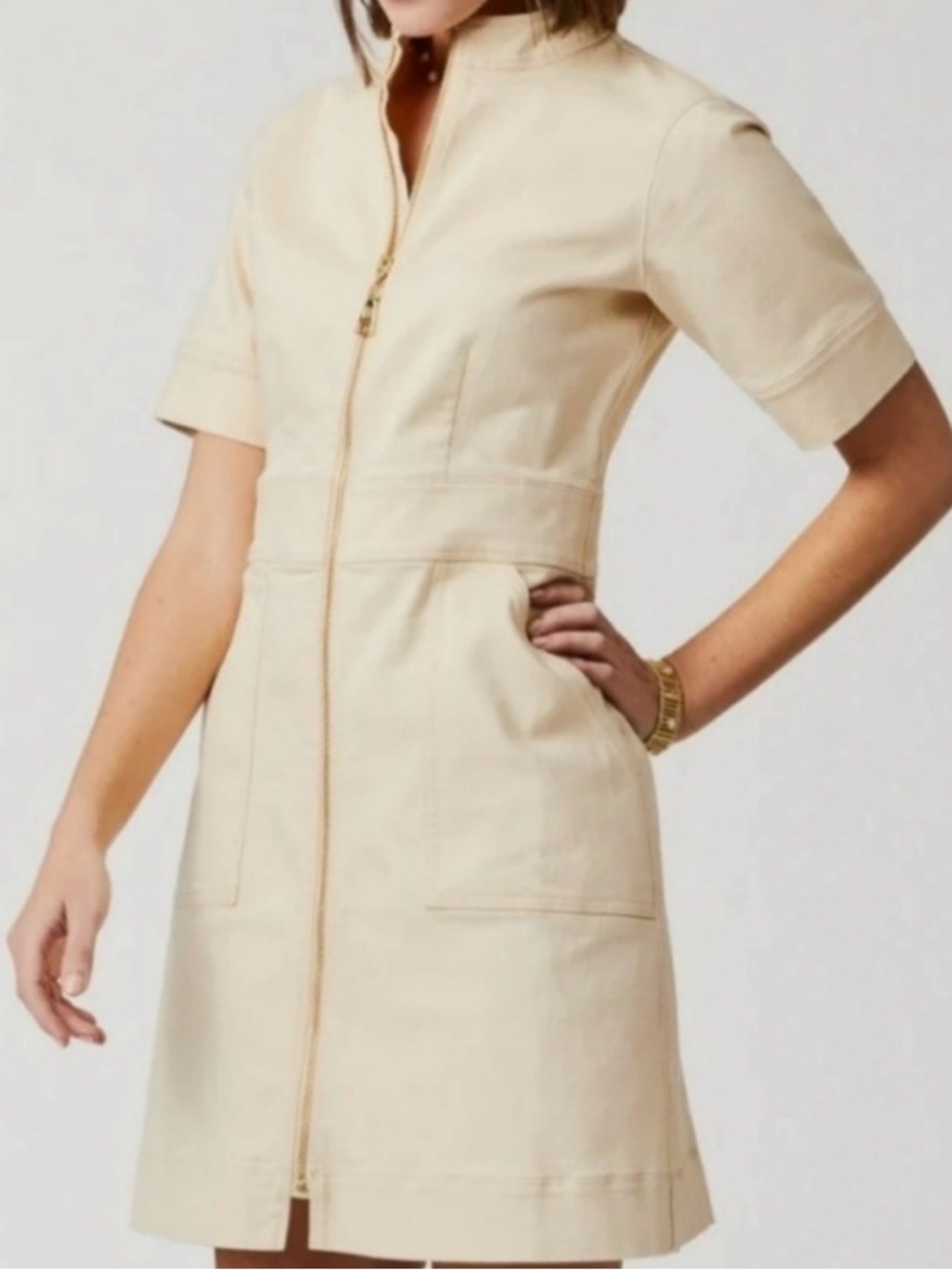 Spartina 449 Cream Zip-Front Short-Sleeve Mini Dress